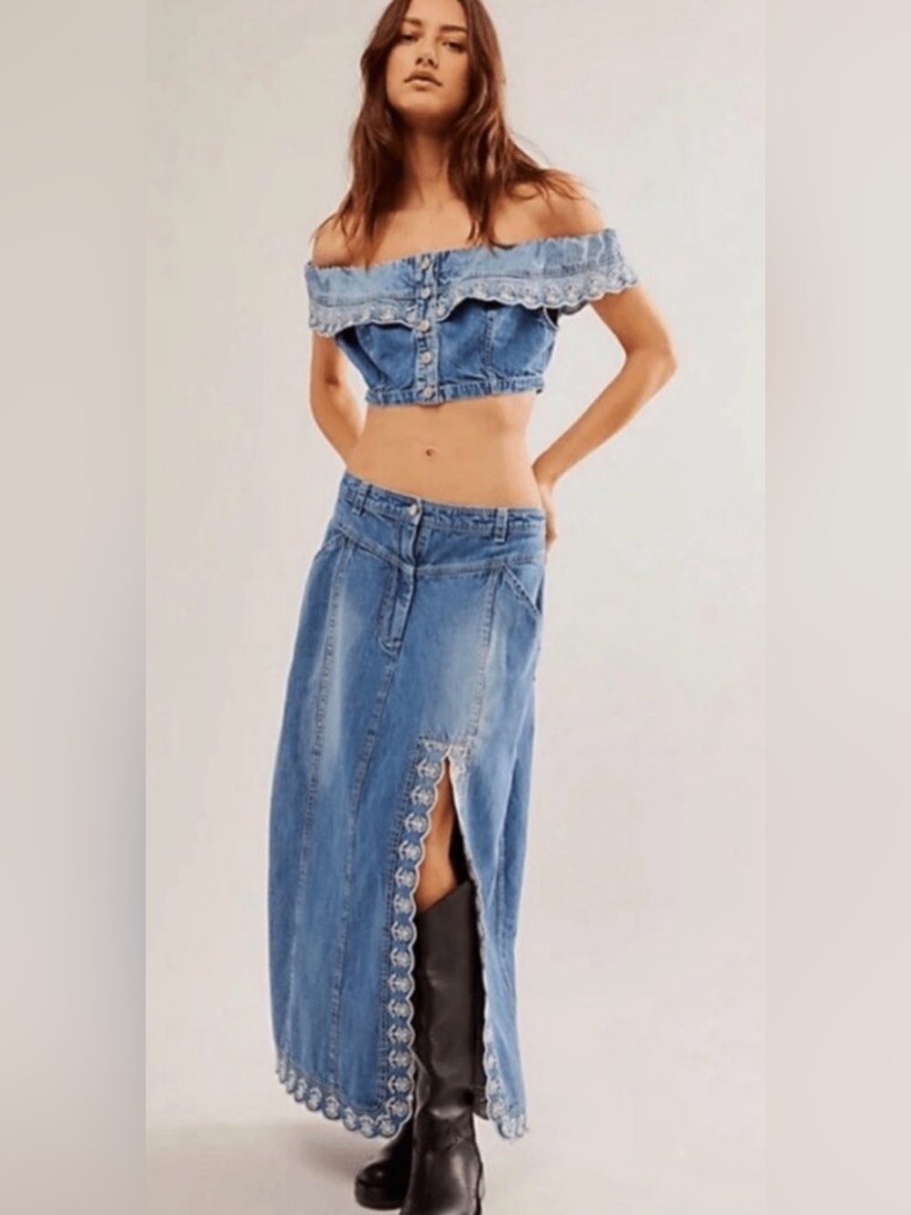 Free people denim lace set NWOT G000